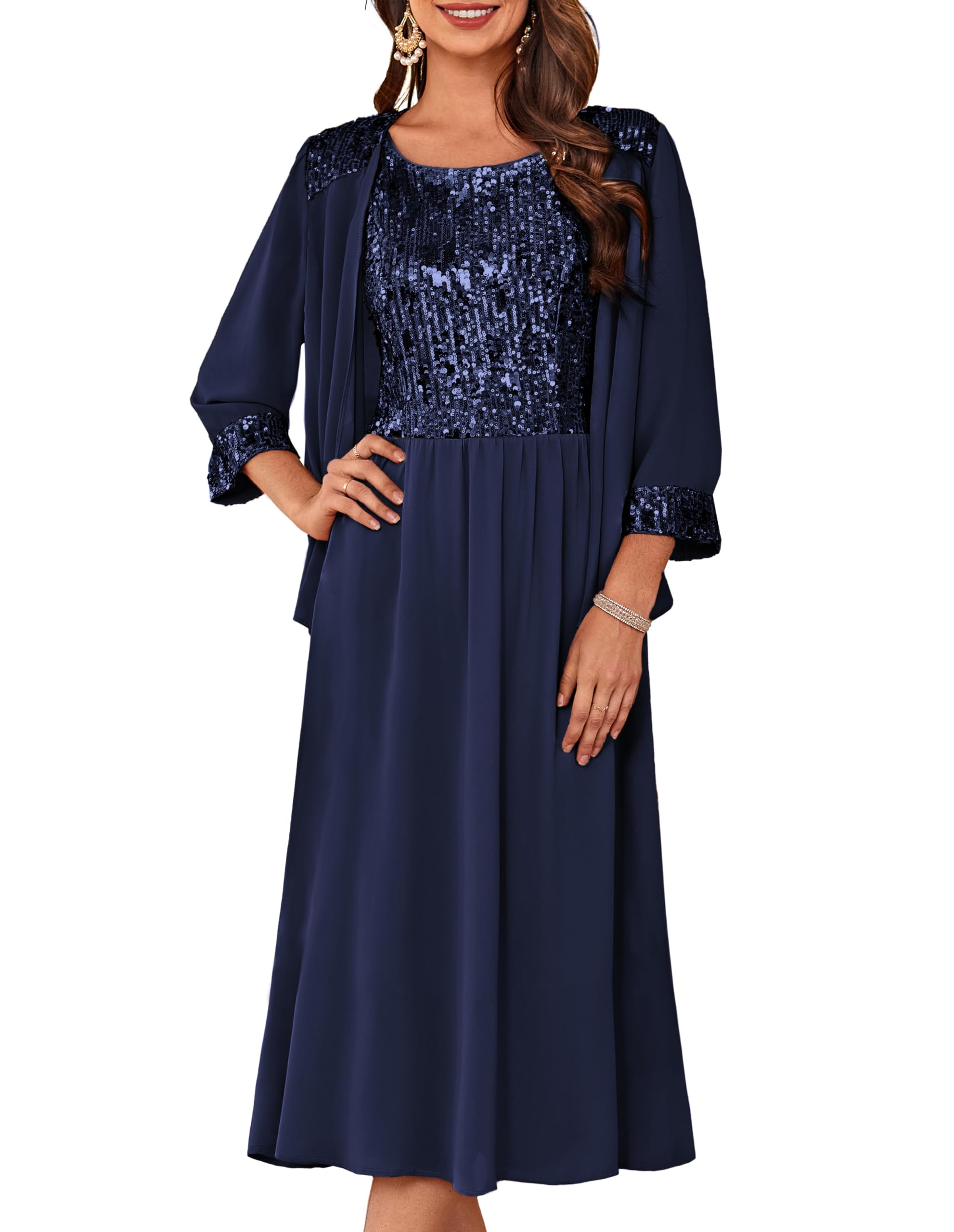 GRACE KARIN Elegant Sequin Two-Piece Wedding Guest Dress with Jacket - Mother of The Bride Formal Tea-Length Dress for Weddings, Parties & Special Occasions 2025