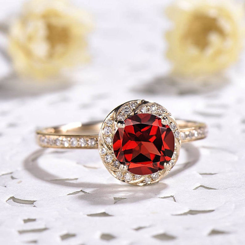 Lab-Grown Ruby Bridal Ring with Diamond Halo in Rose Gold – Elegant Wedding Band for Engagement, Anniversary & Special Occasions