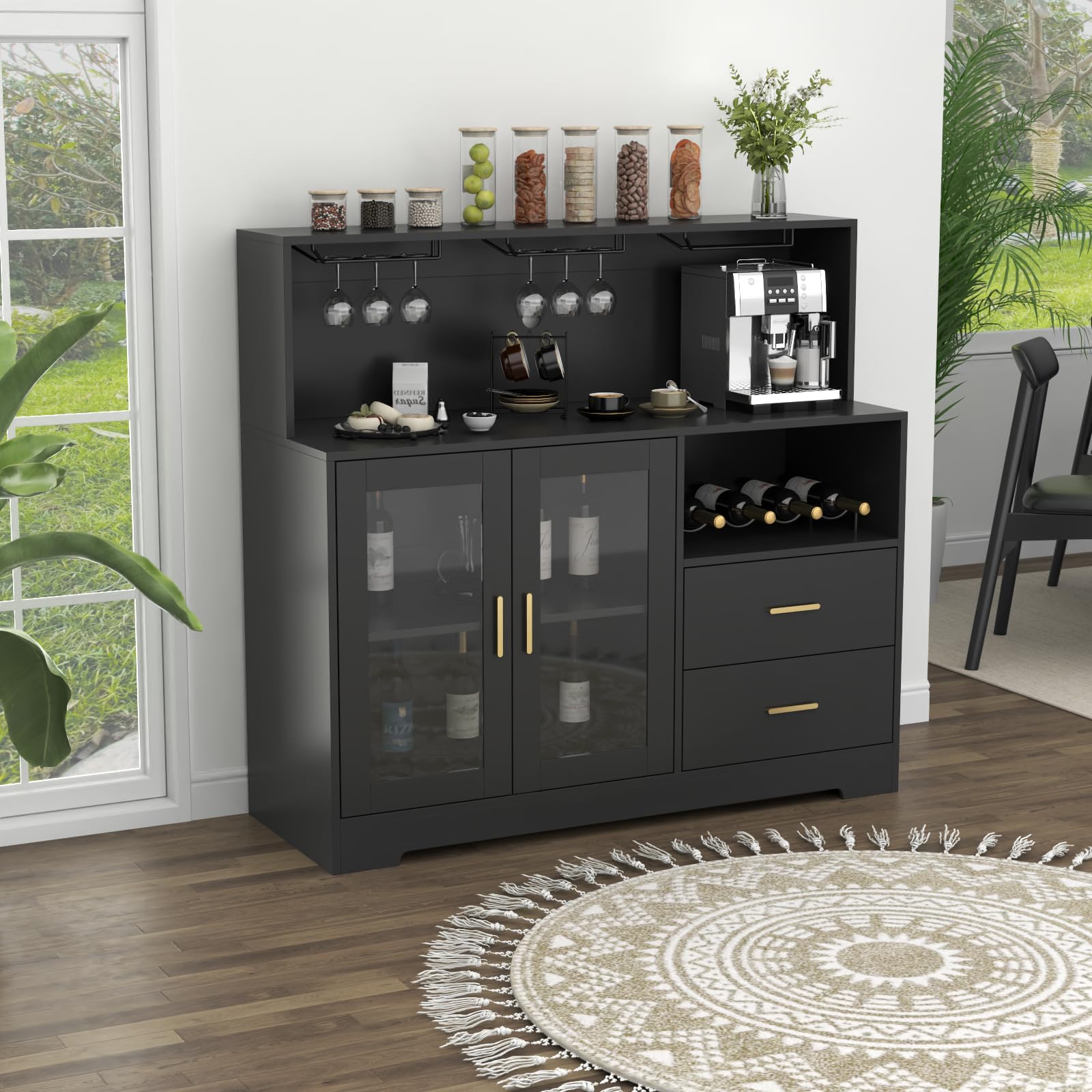 Modern LED Wine Bar Cabinet with Glass Rack & Storage Drawers - Kitchen Buffet Sideboard for Liquor, Coffee & Dining Essentials - Perfect for Living Room, Dining Room & Home Entertainment (Black)