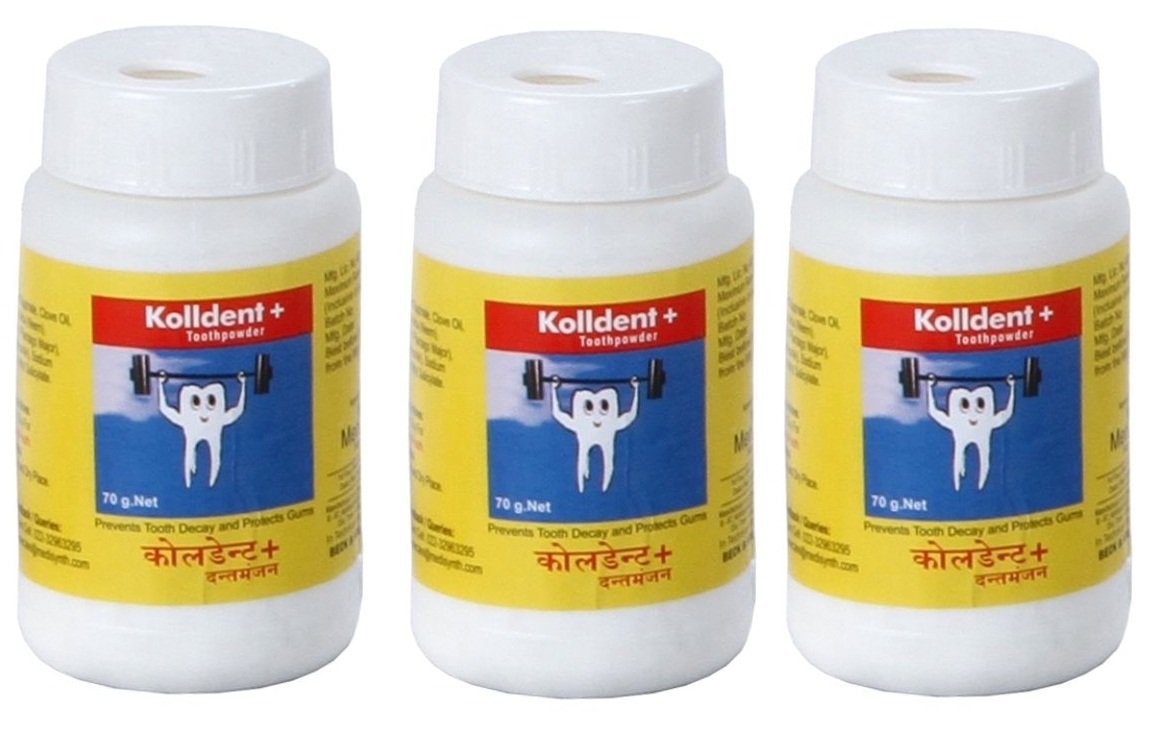 Medisynth Kolldent Plus Tooth Powder - Natural Teeth Whitening & Stain Removal, Pack of 3 | Fresh Breath & Oral Care for Daily Use at Home or Travel