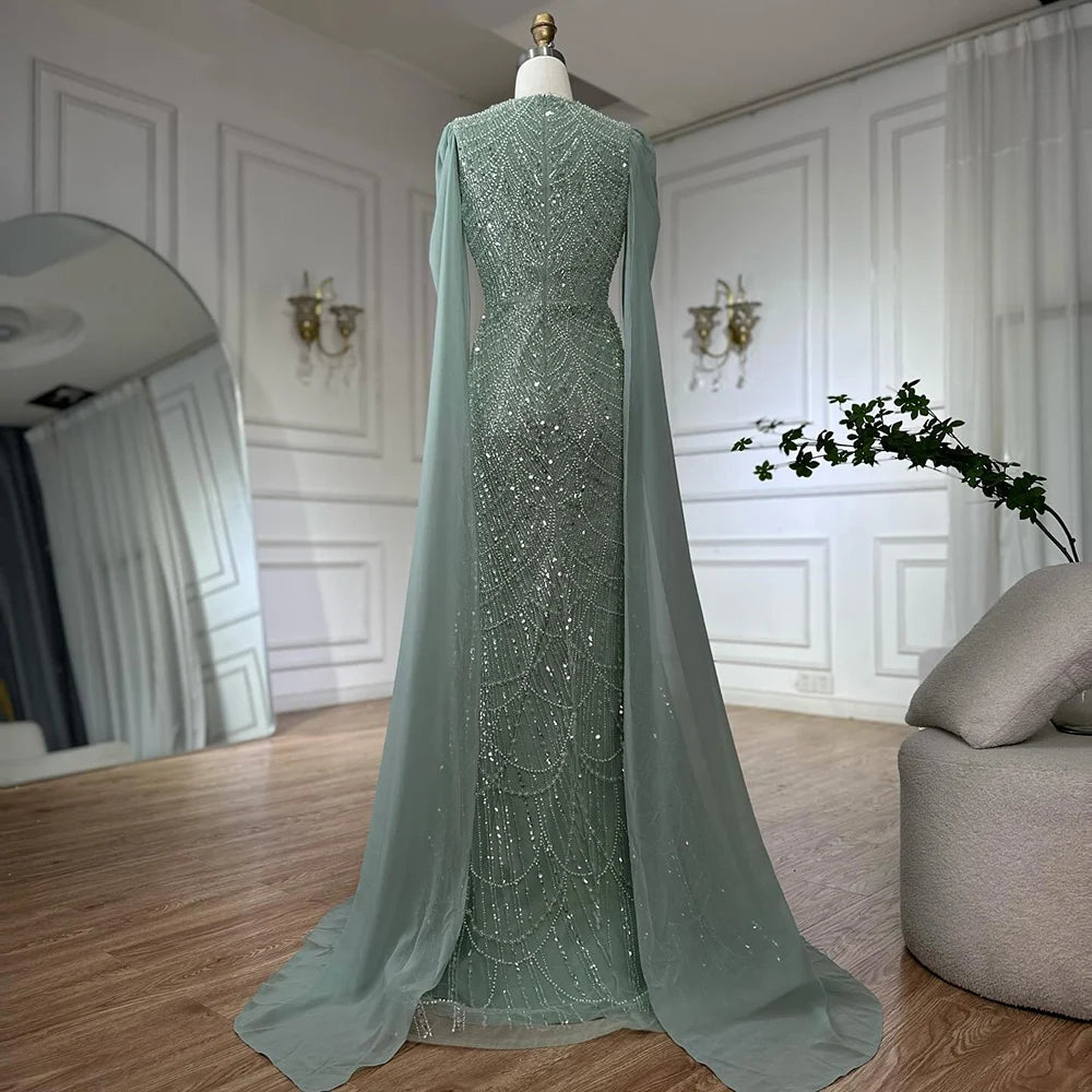 Luxury Dubai Saudi Arabia Blue Mermaid Cape Sleeve Beaded Evening Gown LA72160A - Elegant Formal Dress for Prom, Gala & Red Carpet Events