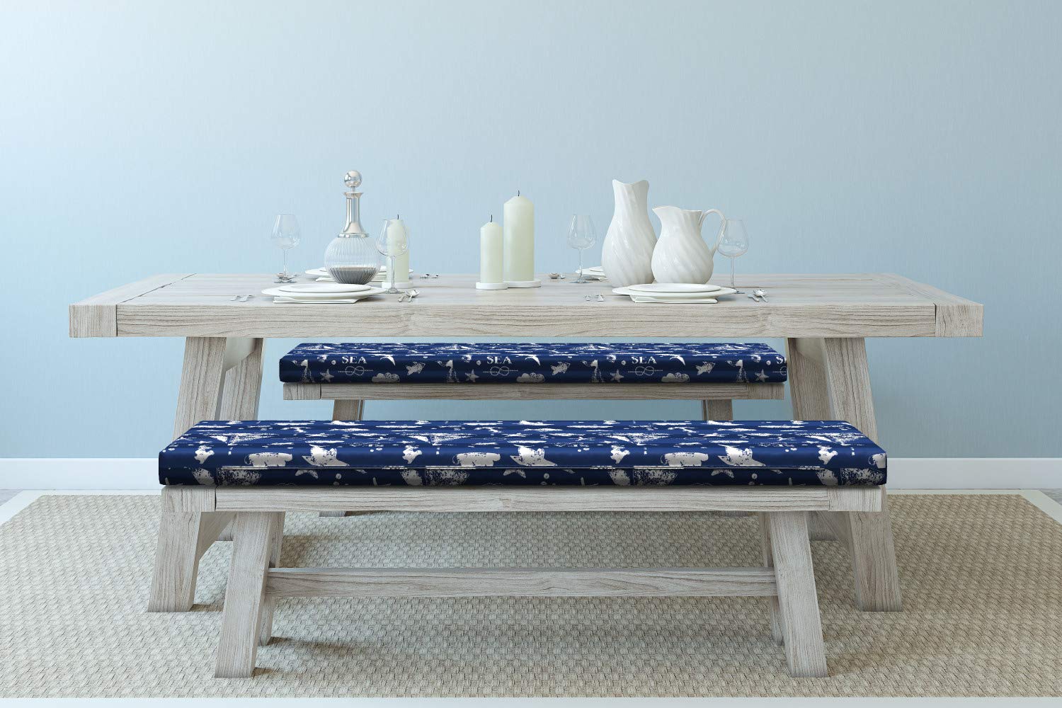 Ambesonne Navy Blue Bench Cushion Set of 2 - Nautical Sailboat Striped Design with Anchor & Seagulls - 45