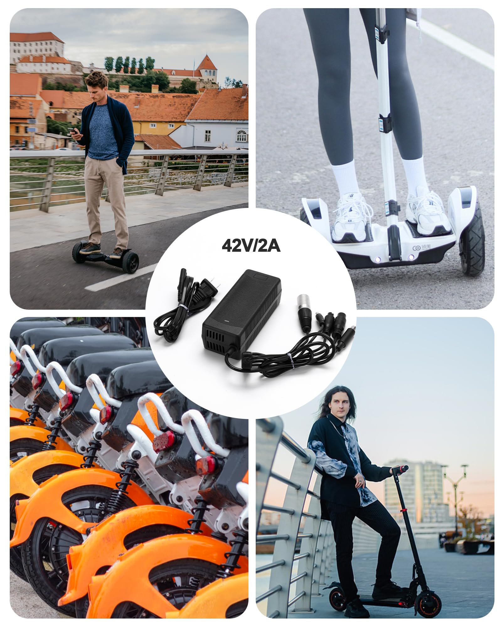 42V 2A Fast Electric Scooter Charger with Cooling System - 6 Port Universal Replacement Charger for 36V Lithium Battery - Compatible with Razor, Gotrax, Ninebot, Segway, Jetson, Hiboy - Perfect for Commuting, Campus Use & Urban Mobility