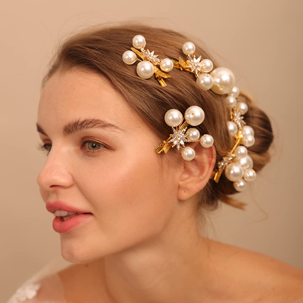 Jumwrit Pearl Hair Clips Set - 5PCS Wedding Rhinestone Crystal Bridal Hairpins, Handmade Flower Hair Accessories for Women & Girls (Gold) | Perfect for Brides, Bridesmaids, Prom, Parties & Special Occasions