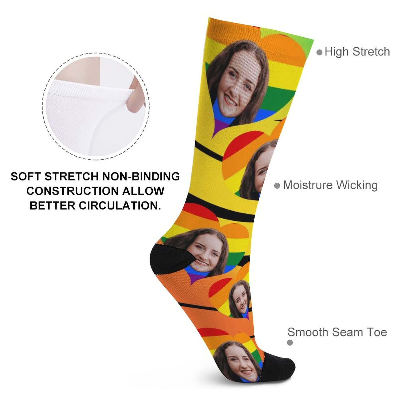 Custom Rainbow Heart Face Crew Socks - 6 Pairs Black Toe Athletic Socks for Men & Women - Moisture-Wicking, Breathable All-Season Performance Socks - Perfect for Running, Gym, Sports & Casual Wear