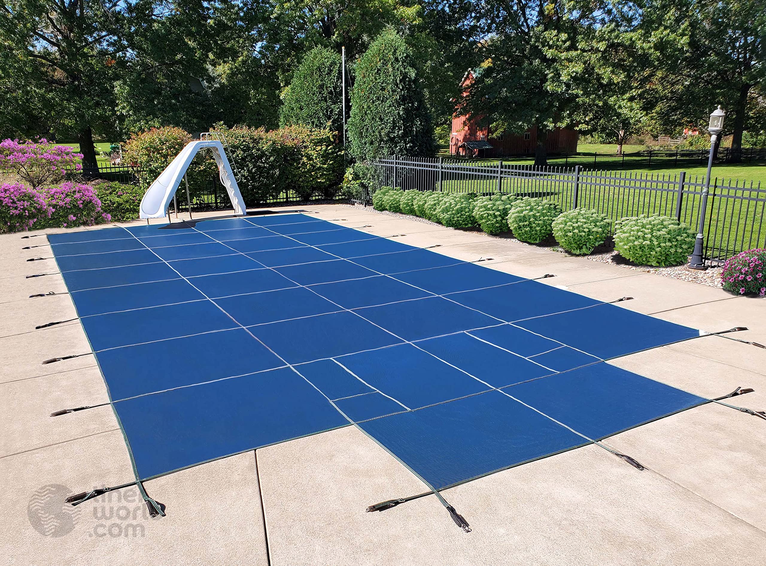 Winter Warrior Mesh Inground Safety Pool Cover - 16'x32' Rectangle Pool Cover - Heavy Duty Blue Mesh - with Center End Step - Perfect for Winter Protection & Child Safety