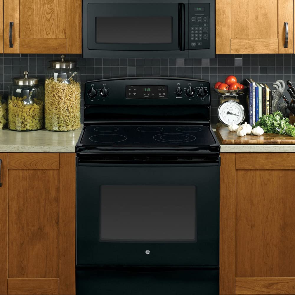 GE JVM3160DFBB 1.6 Cu. Ft. Over-the-Range Microwave Oven in Black - Includes Heat Resistant Oven Mitts & 3-Year Protection Plan - Perfect for Kitchen Remodeling & Small Space Cooking