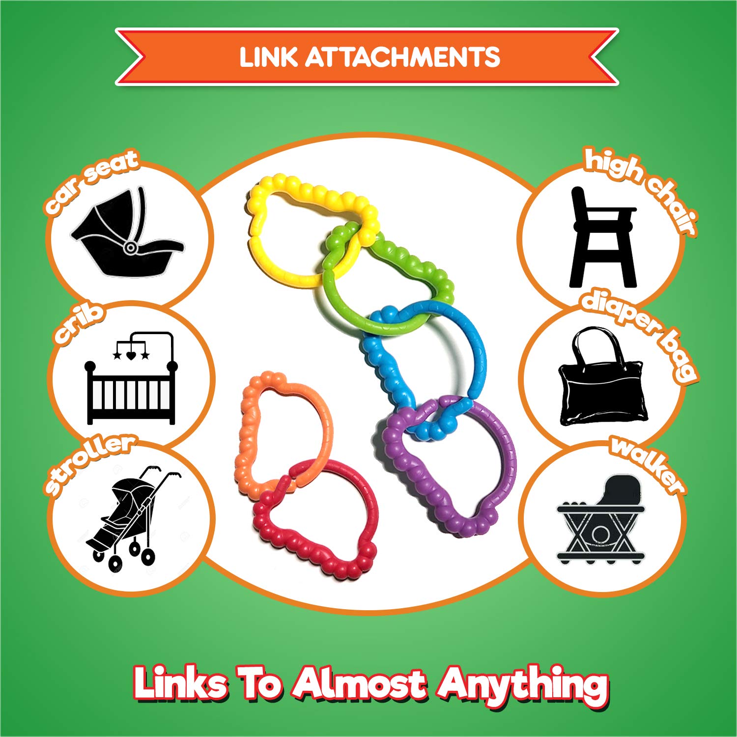 Baby Rings Toy Links - Educational & Teething Toys for Infants | Fine Motor Skills Development | Stroller, Car Seat & Playtime Accessories for Toddlers