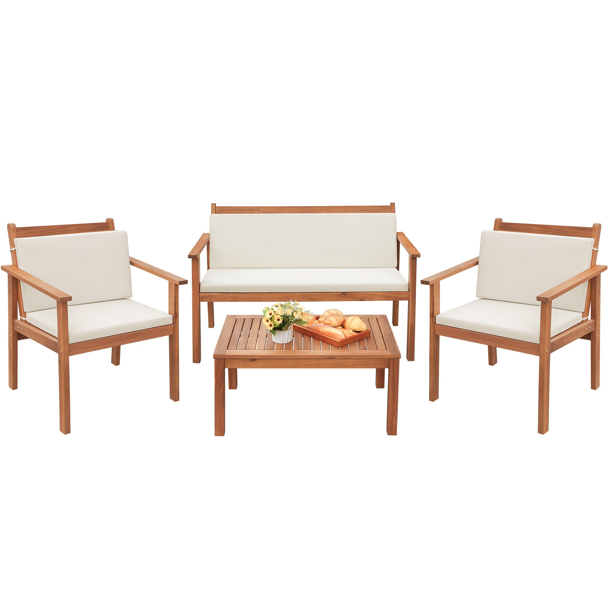 Greesum 4-Piece Acacia Wood Outdoor Bistro Set with Waterproof Cushions - Patio Furniture, Coffee Table & Chairs for Backyard, Garden, Beach & Poolside Relaxation