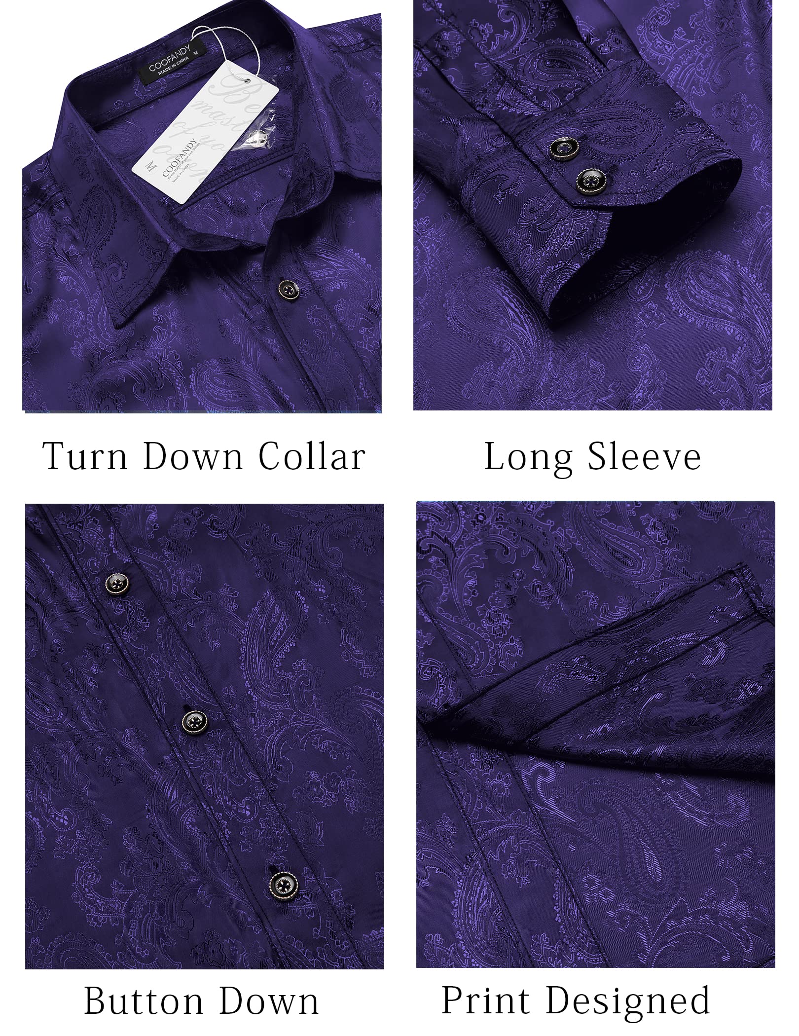 COOFANDY Men's Silk Satin Dress Shirt - Long Sleeve Floral Printed Formal Shirt for Wedding, Prom, Party & Business | Premium Paisley Button Down Shirt for Special Occasions & Office Wear