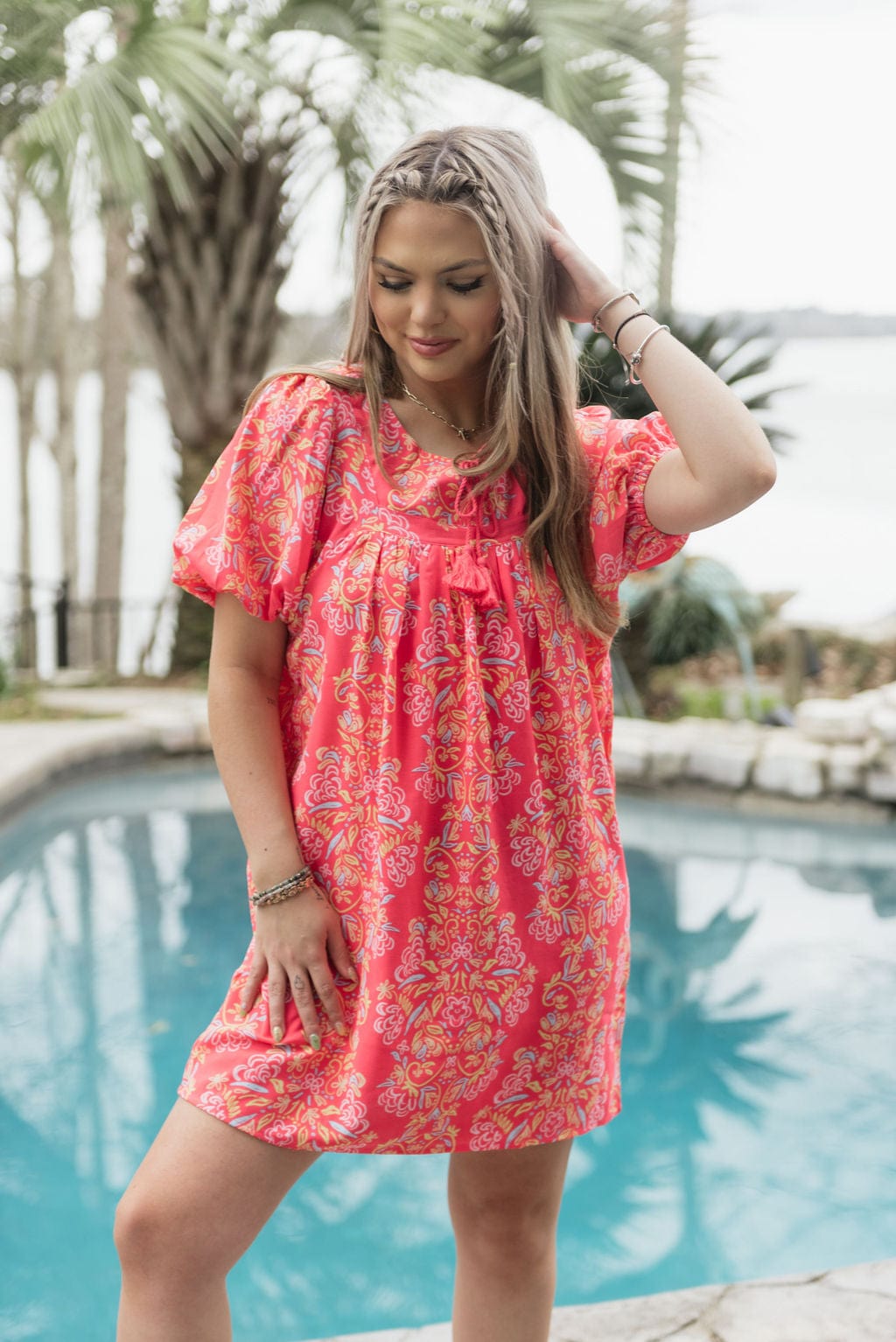 Coral Penny Busy Bee Dress - Floral Print Summer Dress for Women, Casual A-Line Sundress with Pockets | Perfect for Beach Vacations, Garden Parties & Brunch Dates