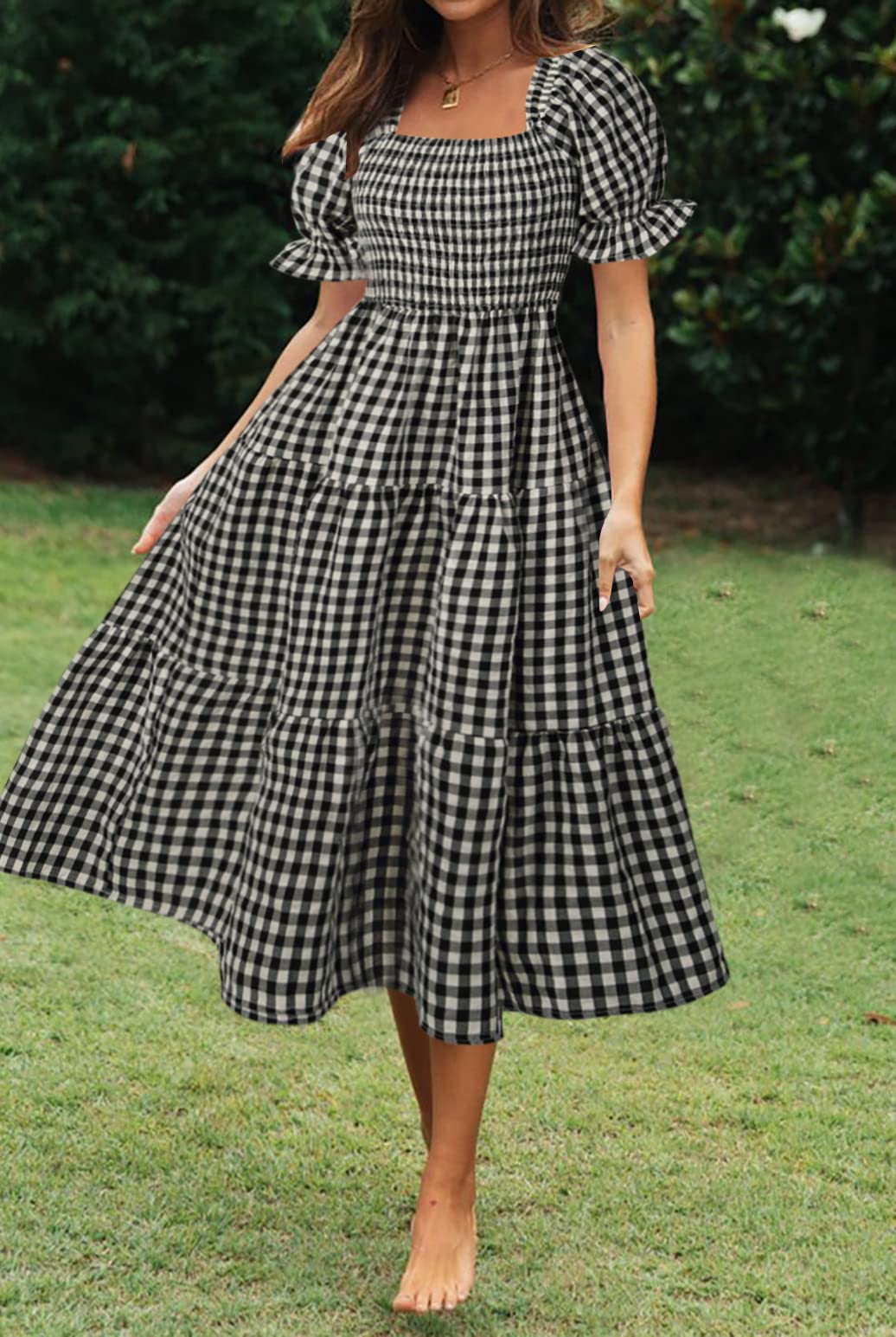 ZESICA Women's 2025 Bohemian Summer Plaid Square Neck Puff Sleeve Ruffle Flowy Midi Dress - Beach Vacation, Date Night & Casual Outfit