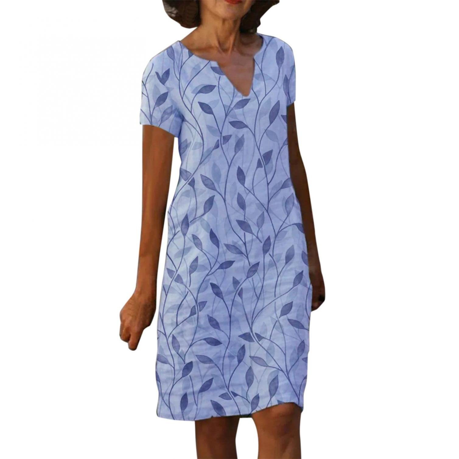 PJHJU Women's Summer Casual V-Neck Short Sleeve Leaf Print Shift Dress - Flowy Midi T-Shirt Dress for Beach, Vacation & Everyday Wear