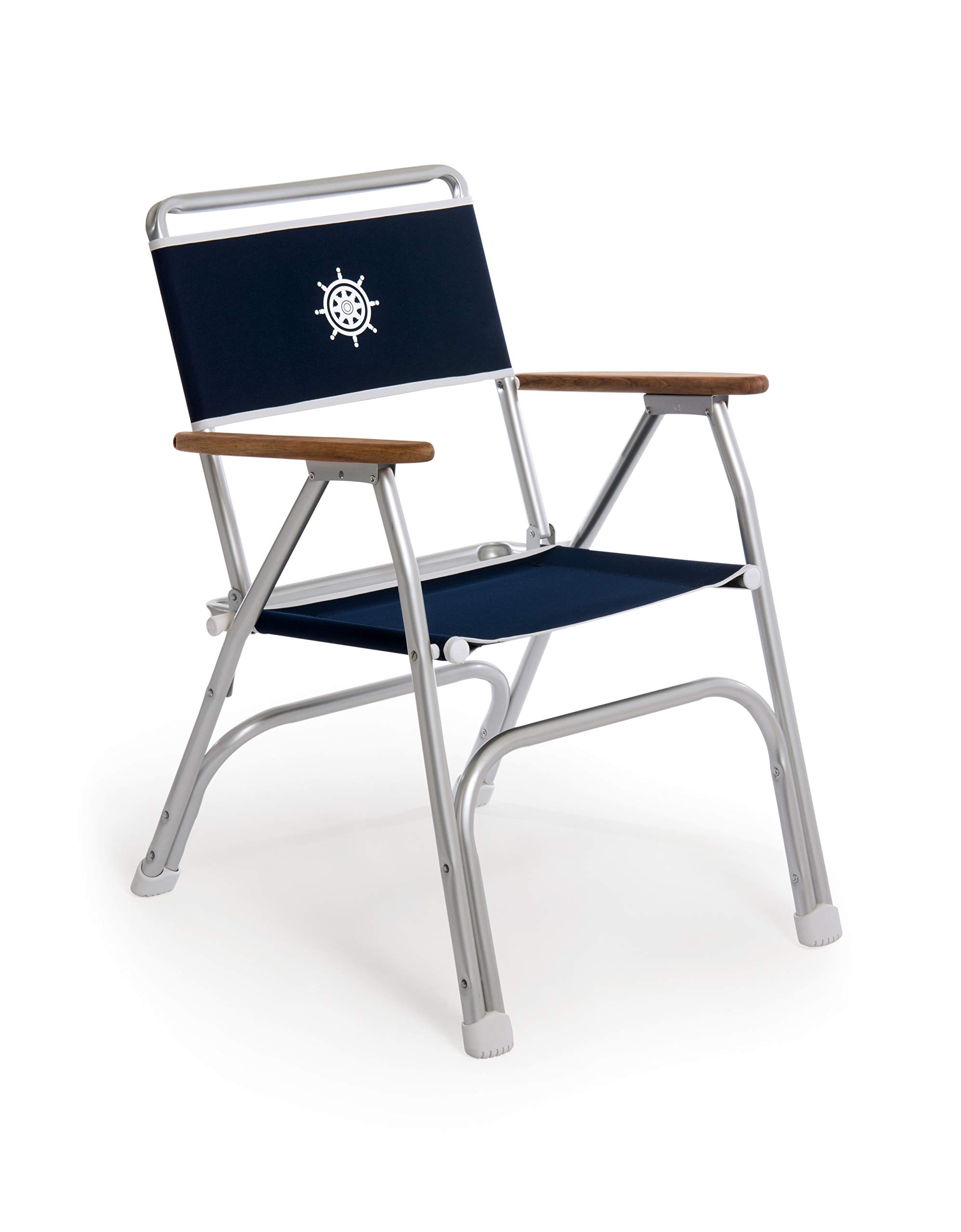 FORMA MARINE Boat Chair - Navy Blue Folding Deck Chair with Aluminum Frame & Teak Wood - Perfect for Boating, Fishing, and Outdoor Relaxation