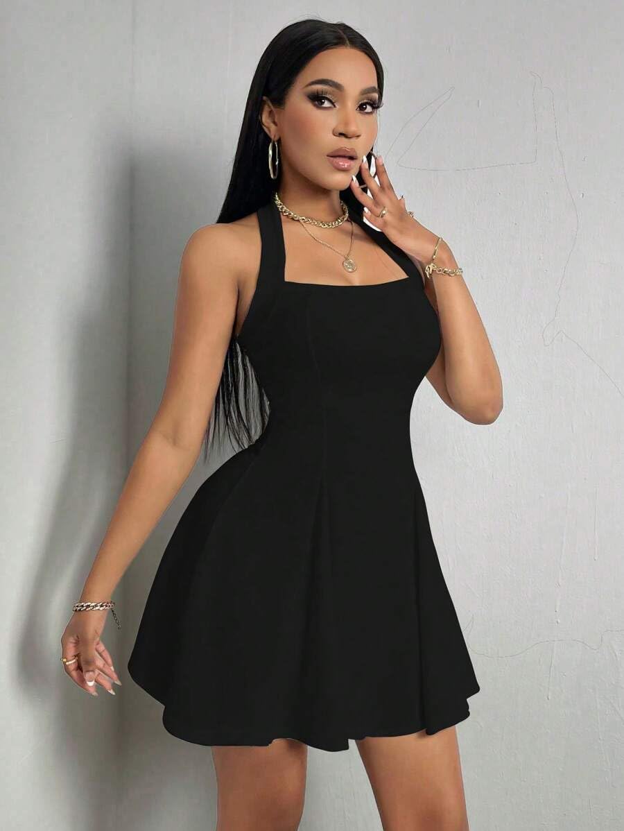Narecte Women's Summer Halter Neck Backless A-Line Mini Dress - Sexy Casual Cute Dress for Beach, Party & Date Night