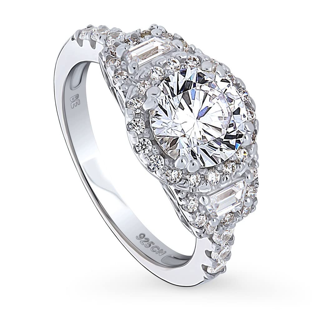 BERRICLE Sterling Silver 3-Stone Wedding & Engagement Ring - 1.6ct Round Cut Cubic Zirconia CZ Halo Ring for Women - Rhodium Plated Size 4-10 - Perfect for Proposals, Anniversaries & Special Occasions