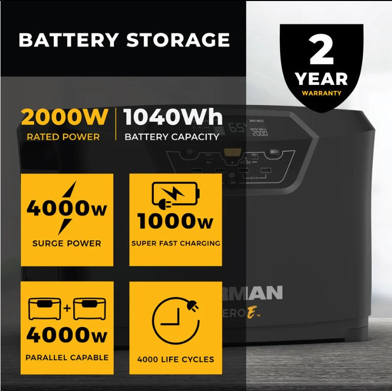 Firman E201001 ZERO E Portable Power Station 2000W/4000W Peak 1040WH Lithium Battery - Perfect for Camping, RV Trips, Home Backup & Outdoor Adventures