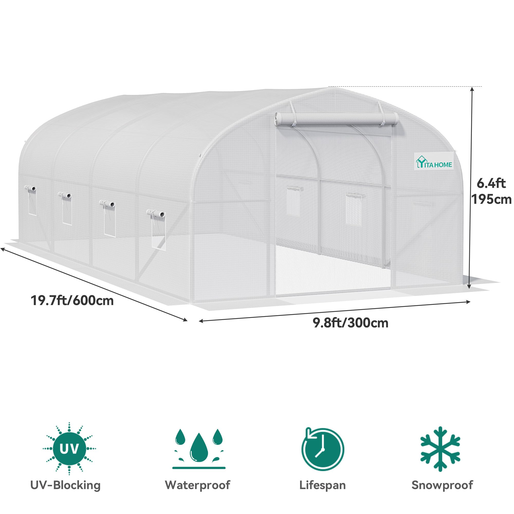 YITAHOME 20x10x6.5ft Large Heavy Duty Greenhouse with Galvanized Steel Frame - Outdoor Plant Gardening Tunnel with Zipper Doors & 7 Crossbars - Perfect for Backyard Gardening, Plant Protection, and Year-Round Growing (White)