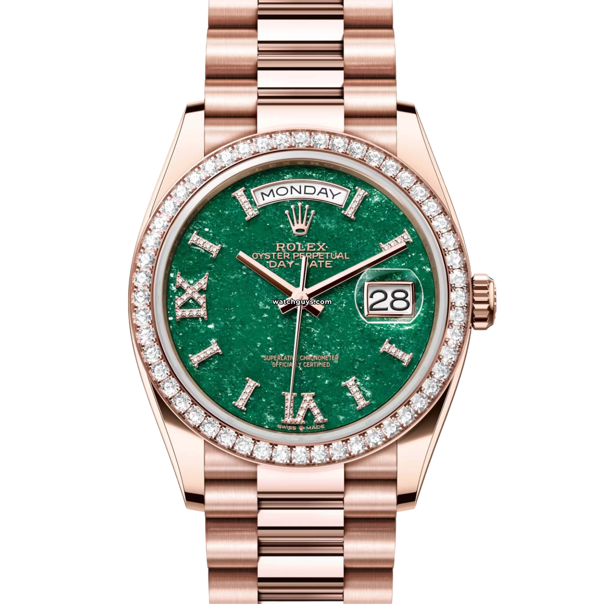 Luxury Rolex Day-Date 128345RBR Men's Watch with Green Dial & Diamond Bezel - Perfect for Business, Formal Events & Special Occasions
