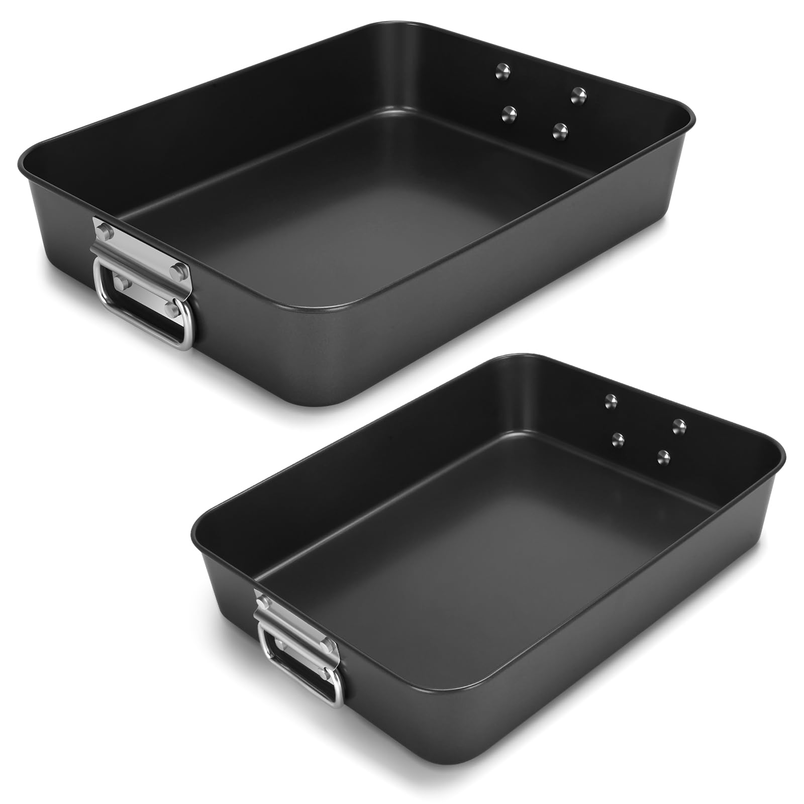 2-Pack 13.7x16 Inch Deep Lasagna Baking Pans - 3 Inch Depth Nonstick Roasting Pans with Handles, Heavy Duty Oven Safe Rectangular Cake Pans, Dishwasher Safe Dark Grey - Perfect for Family Dinners, Holiday Cooking & Meal Prep