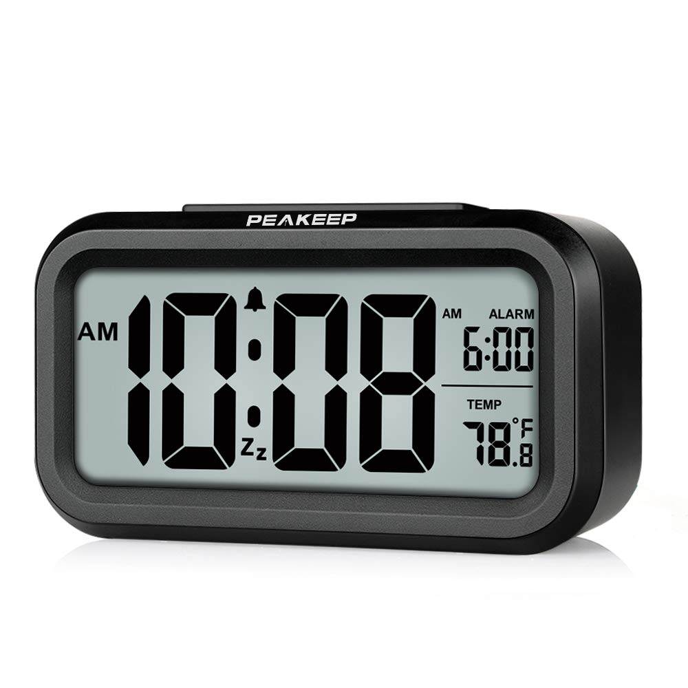 Peakeep Digital Alarm Clock with Night Light, Battery Operated, Indoor Temperature Display - Small Desk Clock for Bedroom, Kids Room, Nursery (Black) - Perfect for Nighttime Use, Travel & Home Office