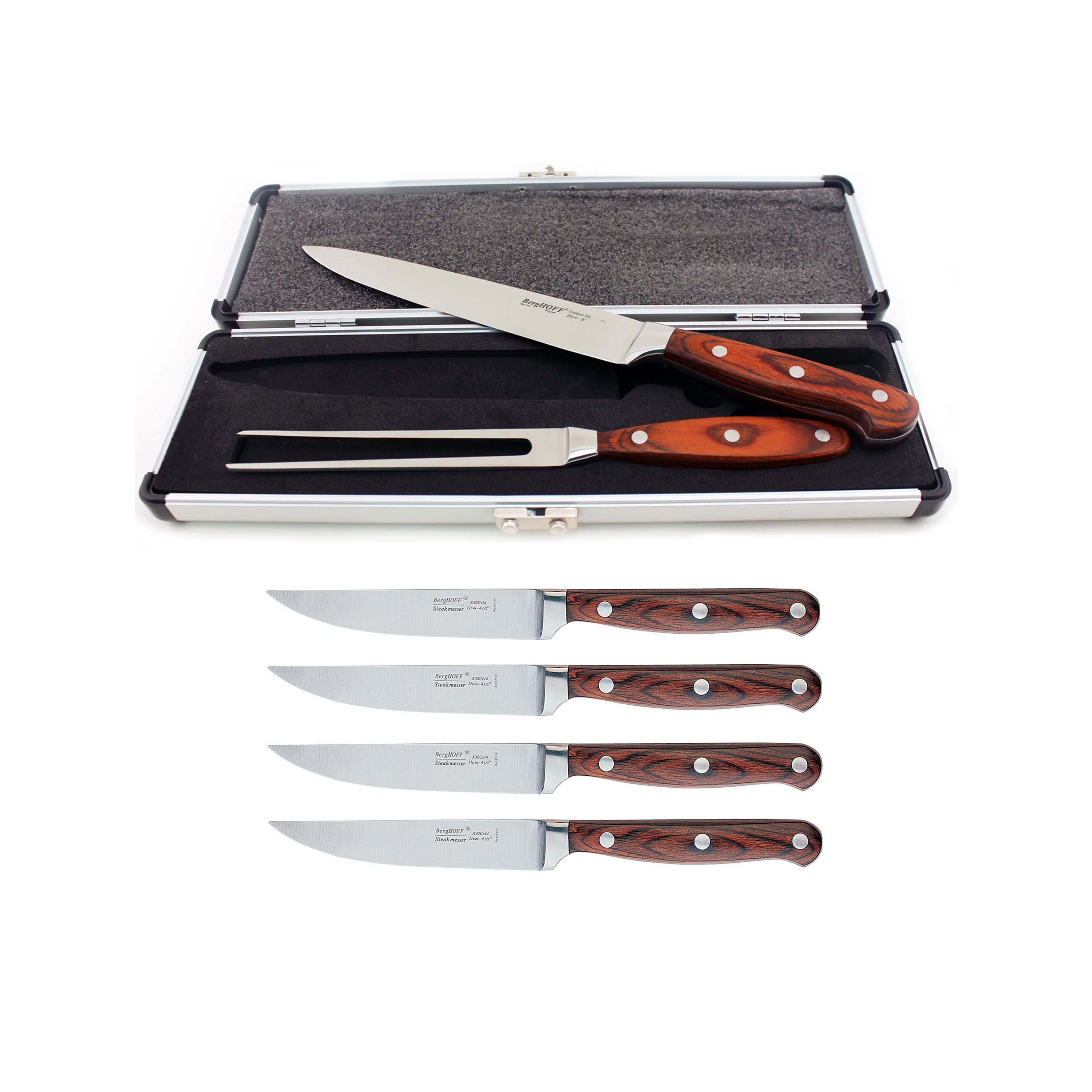 Premium BergHOFF Pakka Wood 7-Piece Stainless Steel Steak & Carving Knife Set - Professional Chef Knives for Meat Cutting, BBQ, and Kitchen Cooking