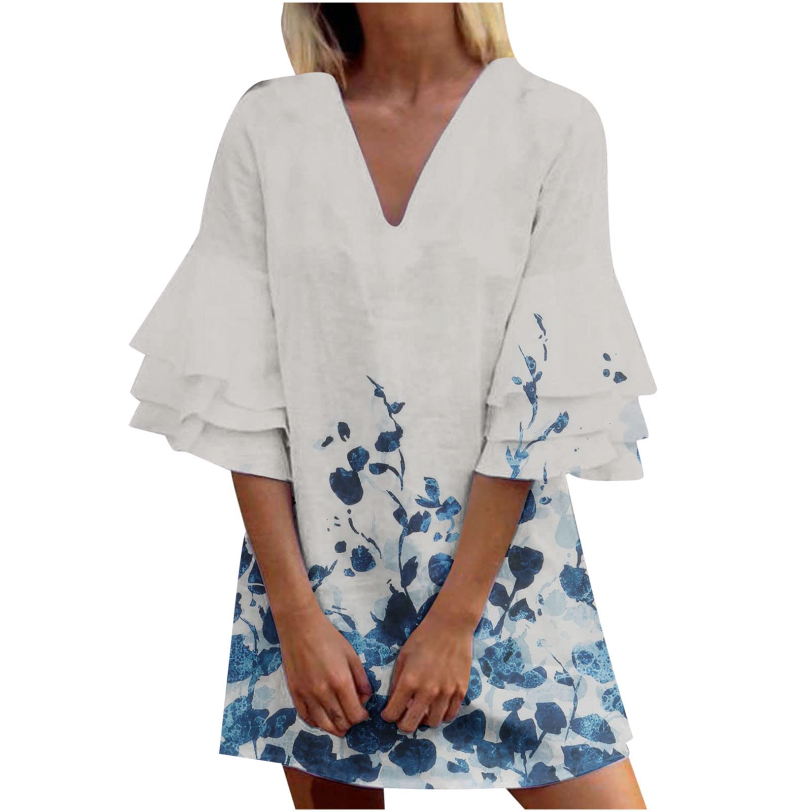 Women's Floral Print Summer Sun Dress - V-Neck Short Sleeve Bell Sleeve Casual Mini Shift Dress for Beach, Vacation & Outdoor Activities