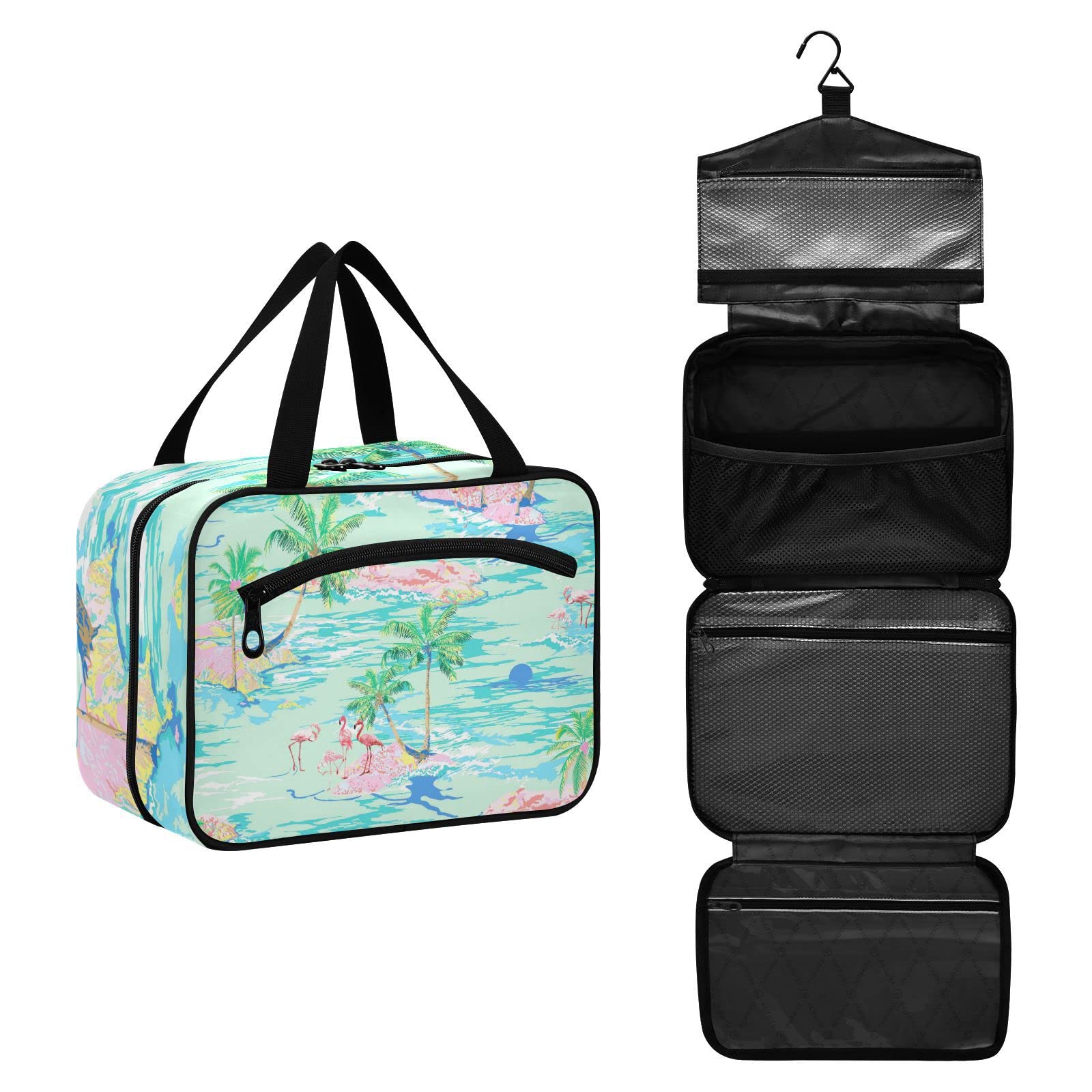 Flamingo Island Large Travel Toiletry Bag for Women - Waterproof Hanging Cosmetic Organizer with Multiple Pockets | Perfect for Vacation, Gym, Camping & Business Trips