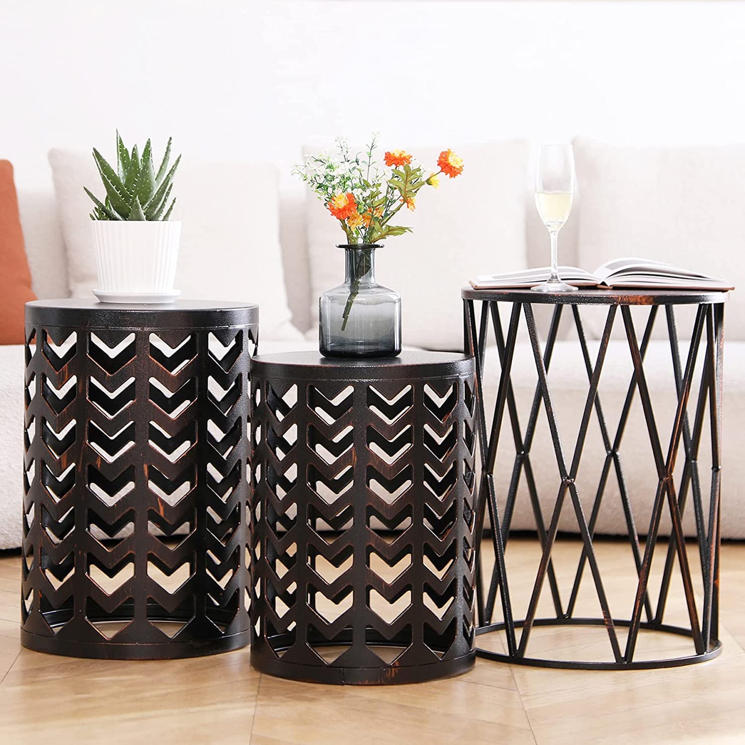 Y&M Set of 3 Heavy-Duty Round End Tables - Indoor Side Tables & Coffee Tables, Outdoor Garden Stools & Plant Stands - Retro Black with Bronze Finish (US Shipping) | Perfect for Living Room, Patio & Home Decor
