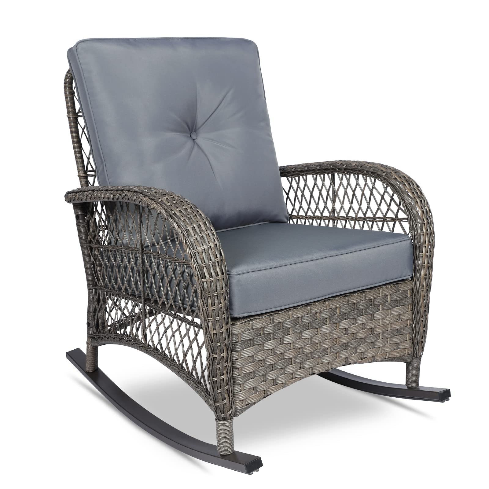 VIVIJASON All-Weather Outdoor Wicker Rocking Chair with Cushions - Patio Rattan Rocker with Durable Steel Frame - Grey Garden Backyard Porch Furniture for Relaxing & Lounging