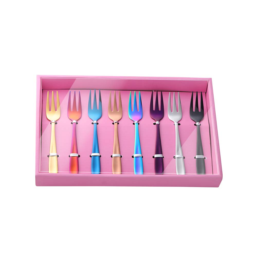 Premium 18/10 Stainless Steel Appetizer Forks Set of 8 - 5.4 Inch Colorful Dessert Forks for Cake, Fruit & Pastry - Elegant Pink Gift Box Included - Perfect for Parties, Weddings & Tea Time Gatherings