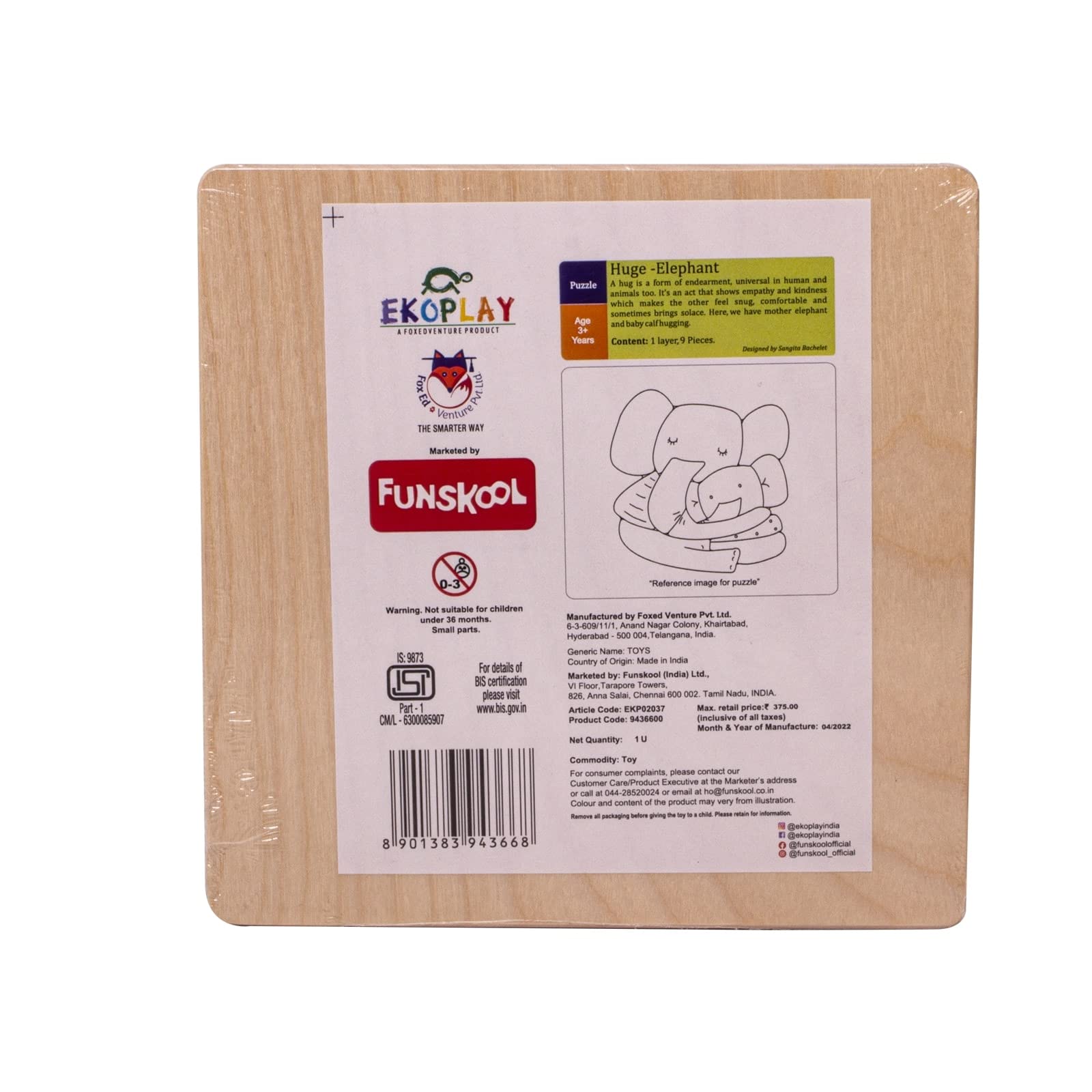 Funskool Ekoplay Hugs Elephant Wooden Puzzle for Babies & Toddlers - Educational Animal Toy for Early Learning & Playtime Fun
