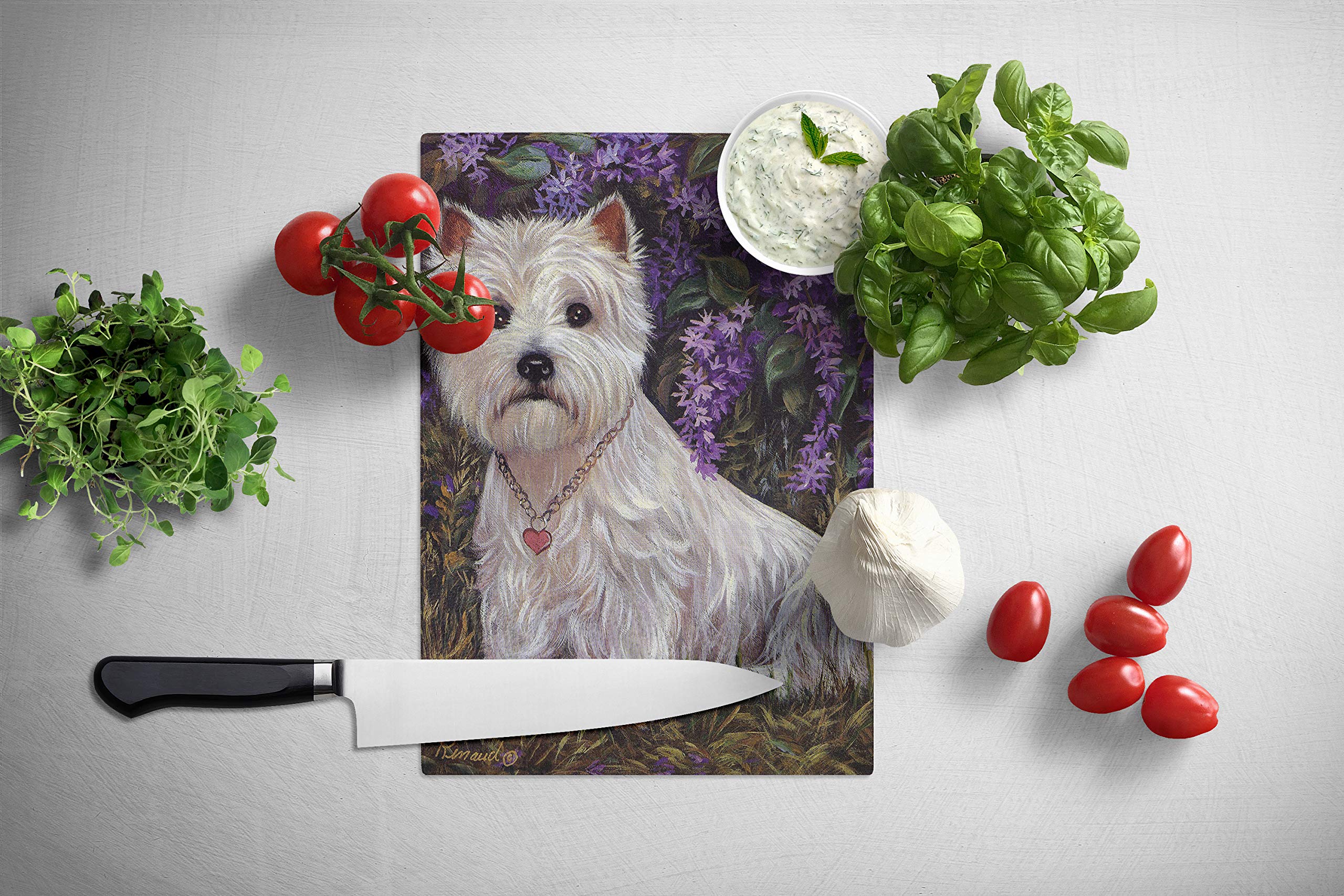 Westie Lily & Lilacs Tempered Glass Cutting Board - Large Decorative Kitchen Chopping & Serving Board - Perfect for Entertaining, Food Prep & Display | Caroline's Treasures PPP3216LCB