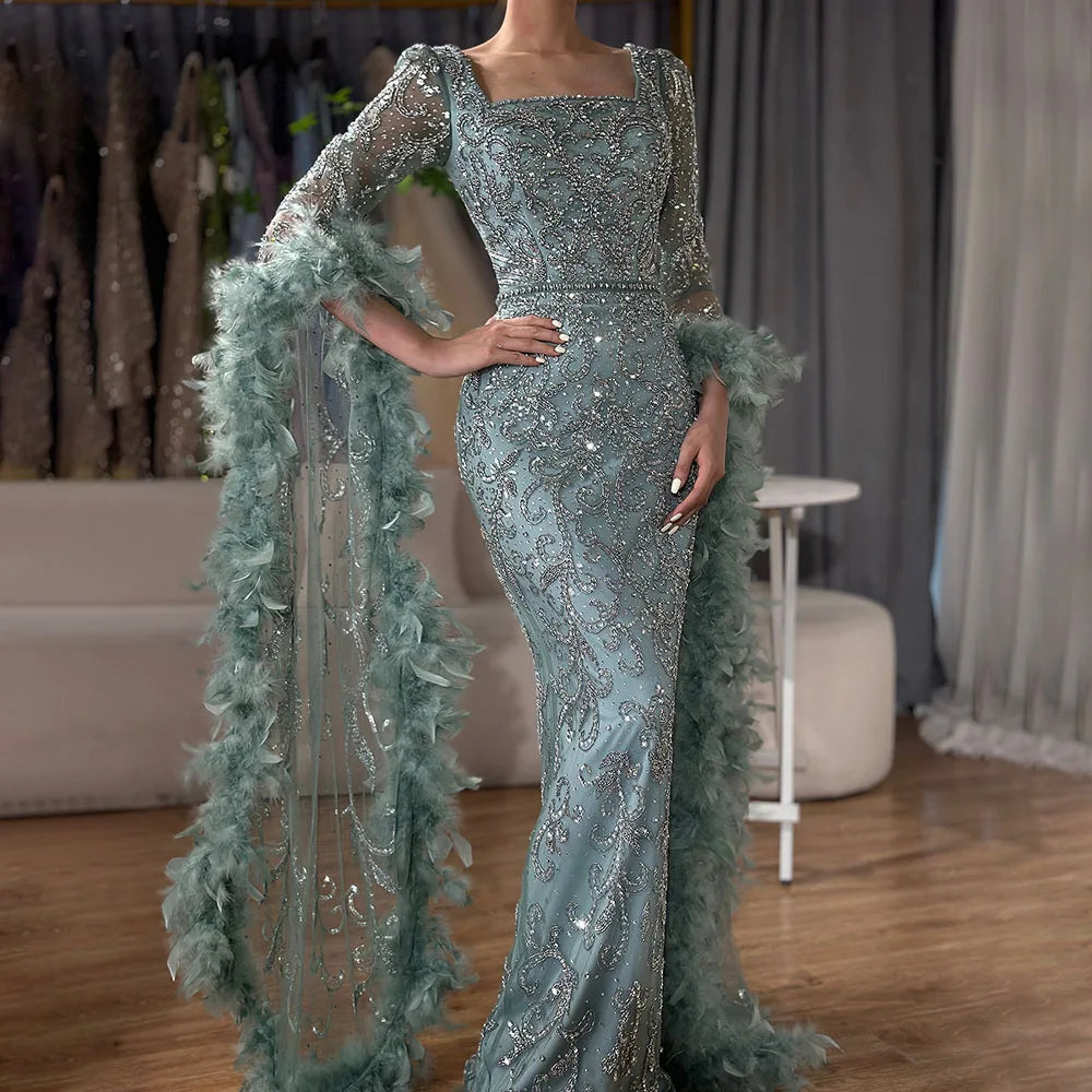 Luxury Dubai Flared Sleeves Mermaid Evening Gown with Turquoise Beads & Feathers - Formal Dresses for Prom, Gala & Special Occasions - LA72767
