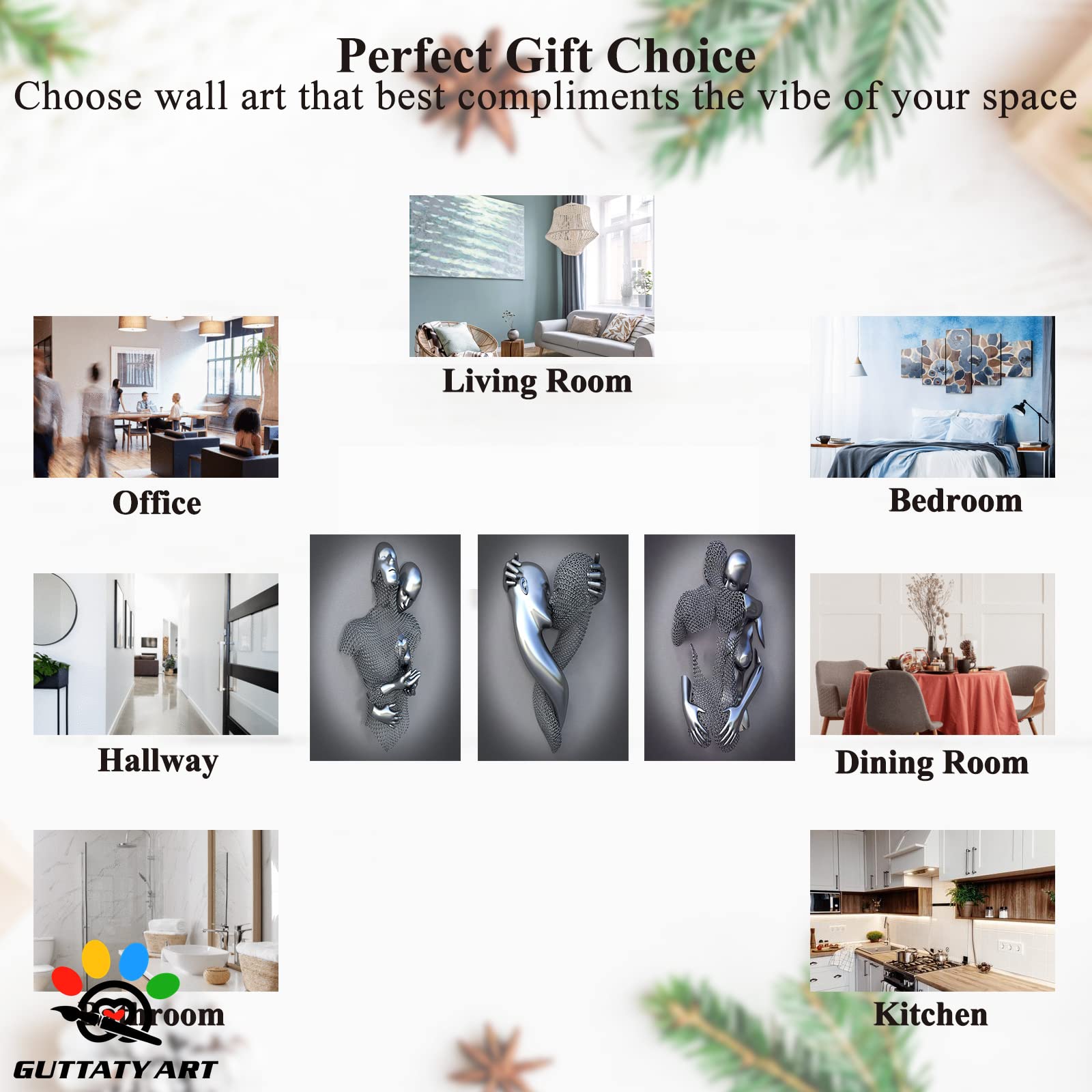 3D Metal Heart Wall Art - Gray & Silver Modern Canvas Painting Set (24