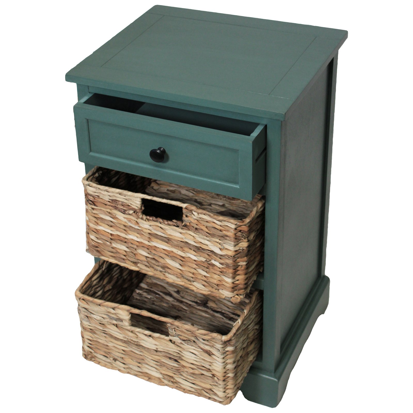 Urban Designs 3-Drawer Teal Malibu Nightstand with Wicker Baskets - Modern Bedside Table for Bedroom, Guest Room, or Dorm - Perfect for Storage and Organization