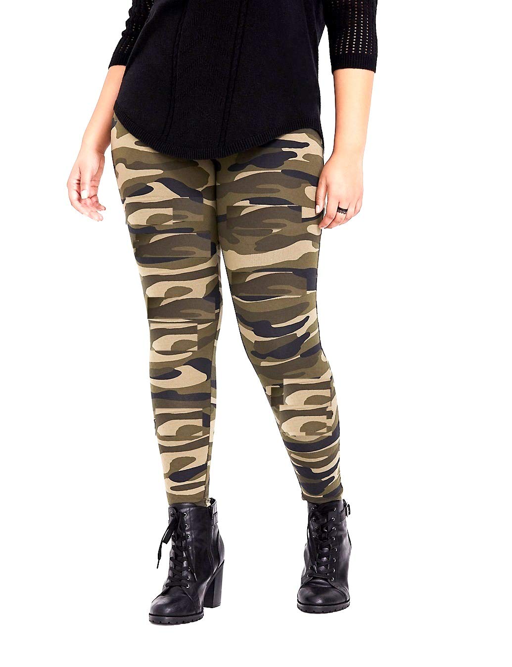 D7 Women's Plus Size Camo High Waist Leggings - Army Green Camouflage Yoga Pants for Workout, Running & Casual Wear