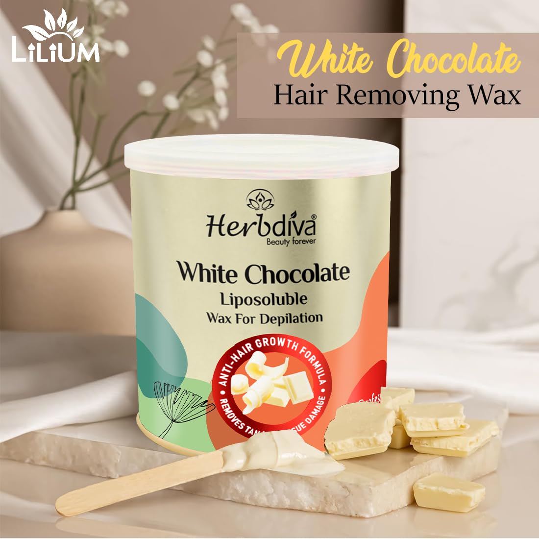 Herbdiva White Chocolate Milky Wax 800g | Hydrosoluble Hair Removal Wax for Smooth Skin | Enriched with Cocoa Butter & Shea Butter | Professional Salon & Home Use | Ideal for Legs, Arms, Bikini & Facial Hair Removal
