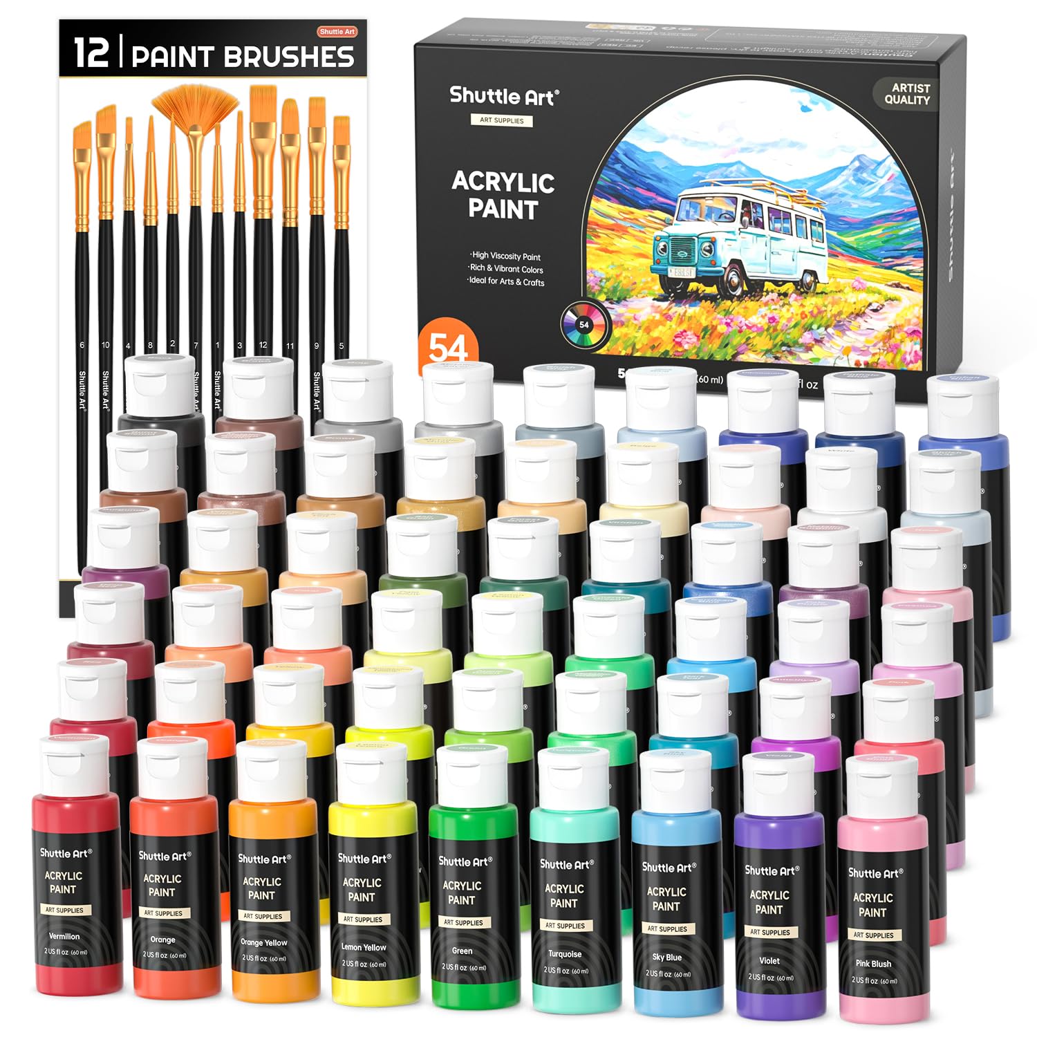 Shuttle Art 54 Colors Acrylic Paint Set with 12 Brushes - 2oz/60ml Rich Pigmented Waterproof Premium Paints for Artists, Beginners & Kids - Perfect for Canvas, Rocks, Wood & Ceramic Painting Projects
