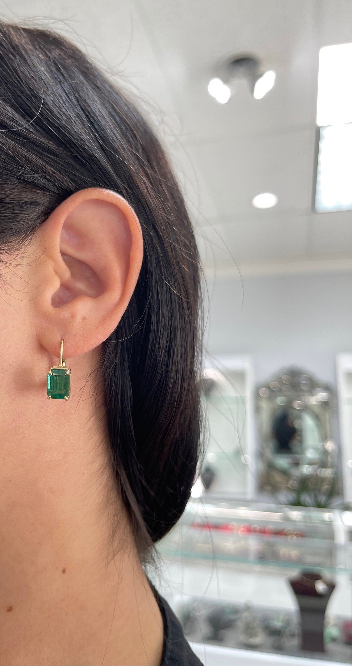 5.0tcw Vivid Dark Green High Grade Emerald Cut Lever Back Earrings in 18K Gold - Perfect for Weddings, Parties & Special Occasions
