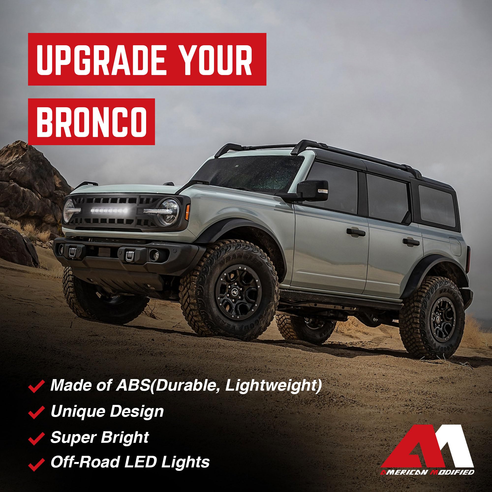 2021-2023 Ford Bronco Front Armor Grille Replacement | Matte Black Off-Road Bumper Grill with LED Light Mounts | Perfect for Off-Roading, Overlanding & Truck Customization