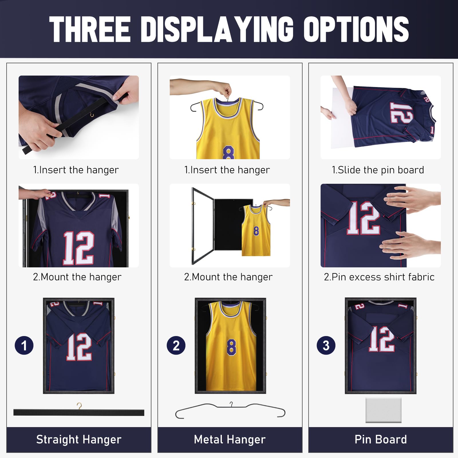 2 Pack Large Jersey Frame Display Case with Lockable UV Protection Acrylic - Baseball Football Soccer Hockey Basketball Jersey Shadow Box for Sports Shirts & Uniforms (Includes 2 Hangers, Black) - Perfect for Memorabilia Display in Home, Office or Man Cave