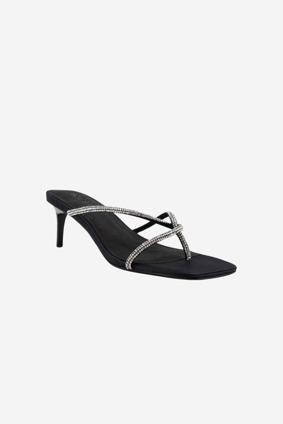 Chrissy Black Crystal Thin Strap Mule Heels - Elegant Women's Dress Sandals for Parties, Weddings & Evening Events