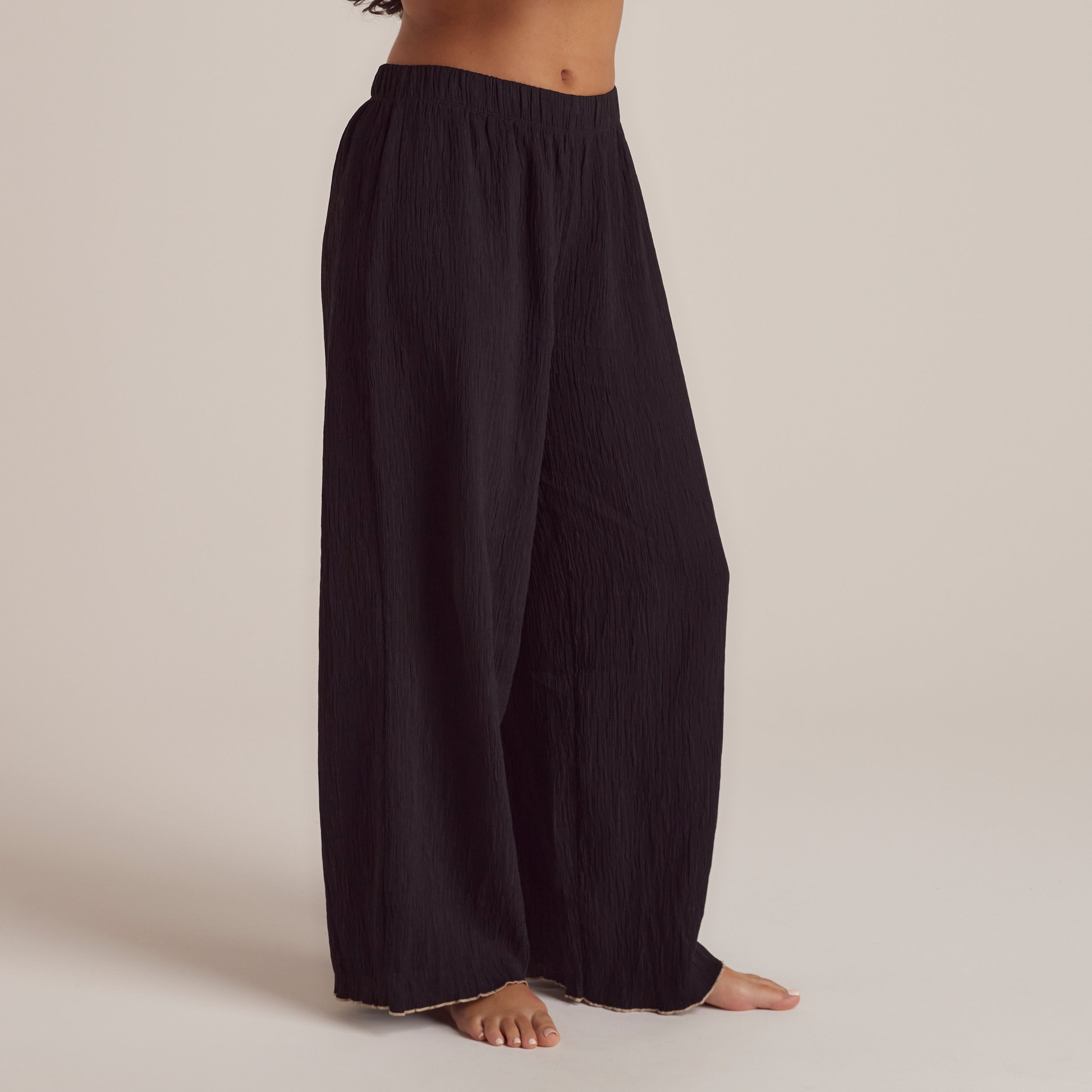 Soft Crinkle Cotton Pajama Pants for Women - Black Lounge Pants for Sleep, Relaxing & Home Comfort