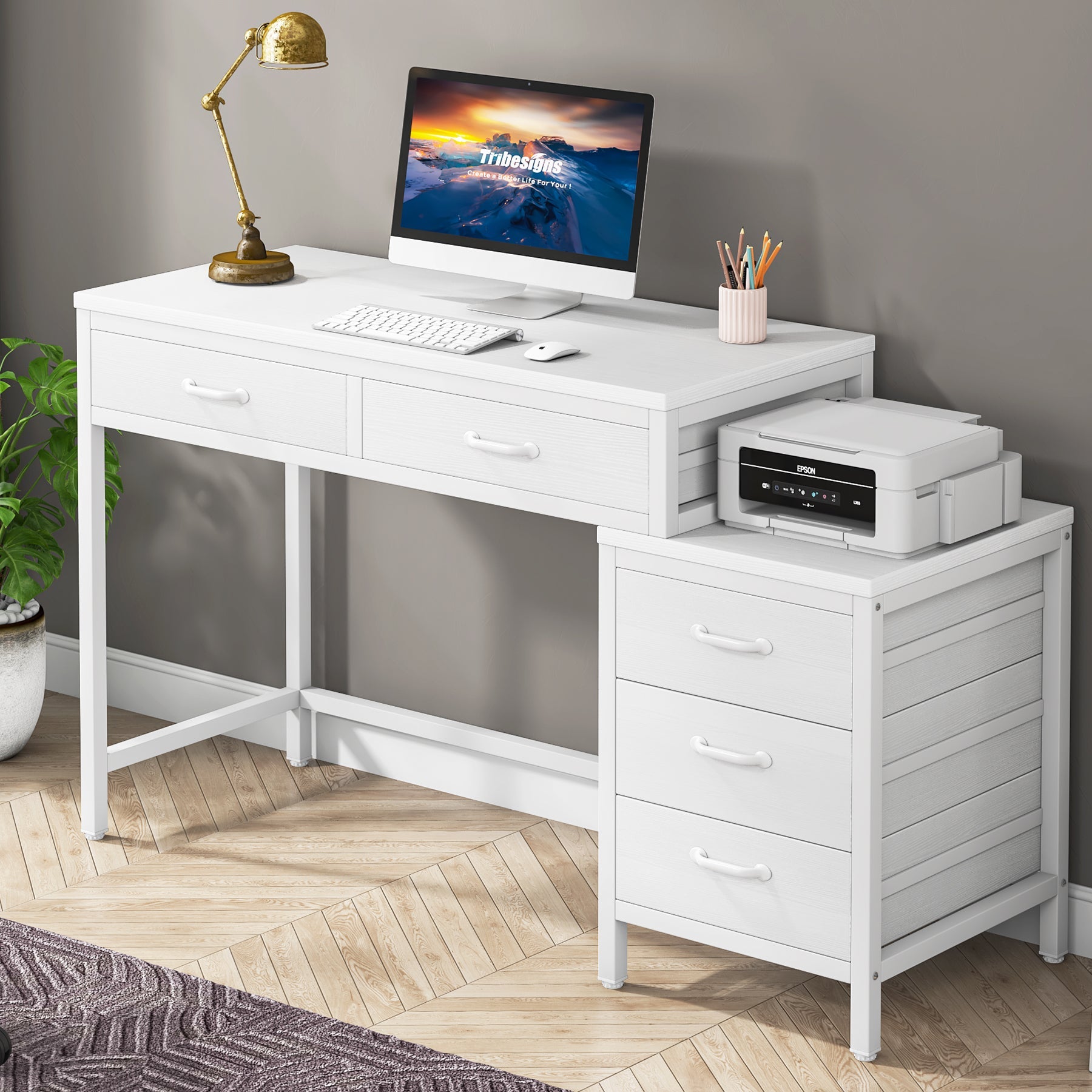 5-Drawer Computer Desk with Reversible Cabinet - Sturdy Study & Writing Table for Home Office, Gaming, and Workspace Organization