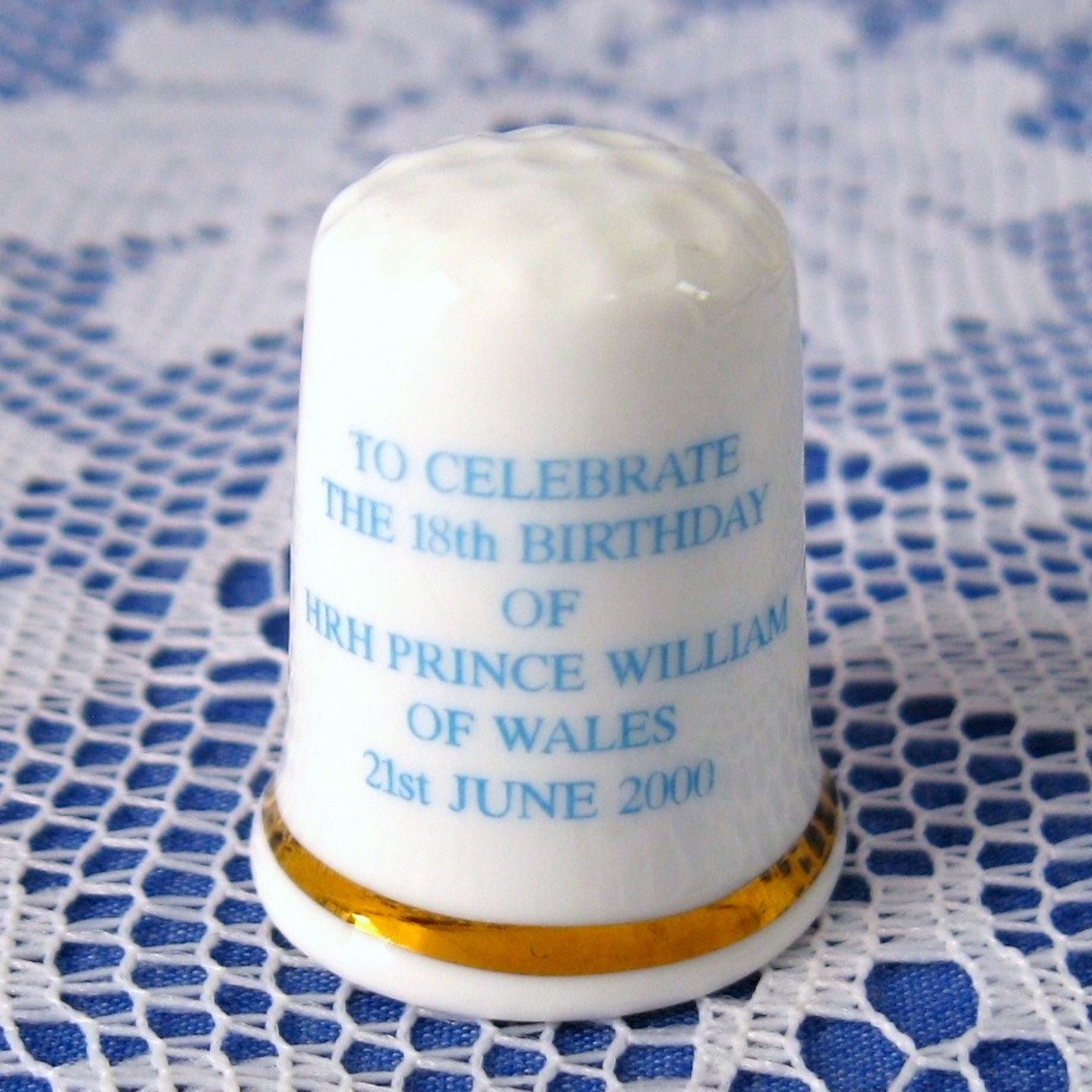 Thimble Prince William 18th Birthday 2000 English Bone China Royal Commemorative Collectible - Perfect for Royal Memorabilia Collections, Tea Time Decor, and British History Enthusiasts