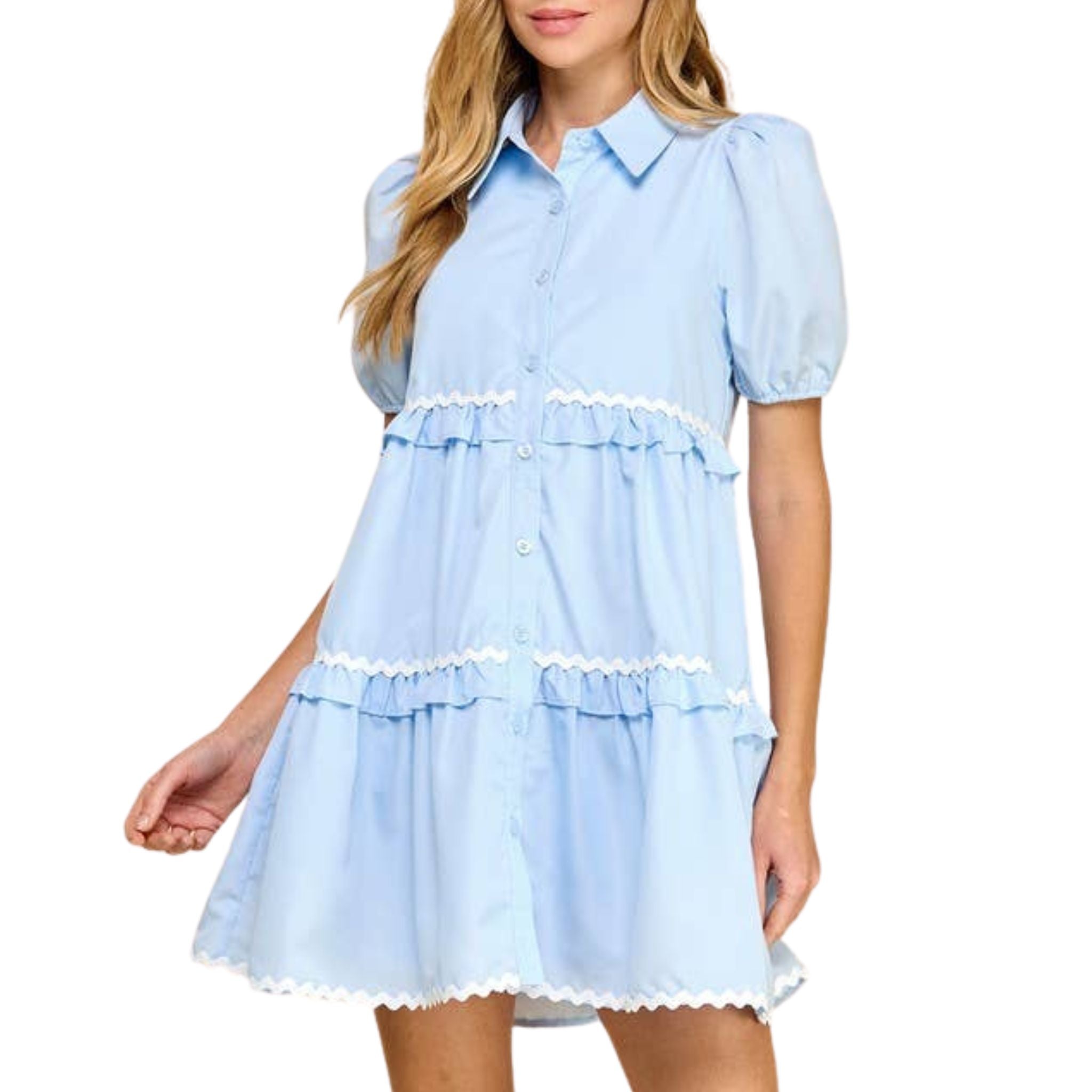 Stylish Zigzag Detail Short Puff Sleeve Shirt Dress for Women | Trendy Casual & Office Wear | Perfect for Spring Summer Outfits, Dates, and Work