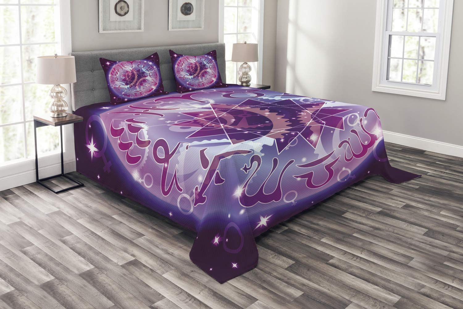 Ambesonne Astrology Bedspread Set - Zodiac Circle in Space with Abstract Gender Signs & Star Shape Center - 3-Piece King Size Bedding Set (Coverlet + 2 Pillow Shams) in Purple & Pale Blue - Perfect for Zodiac Lovers' Bedroom Decor & Celestial-Themed Home Styling