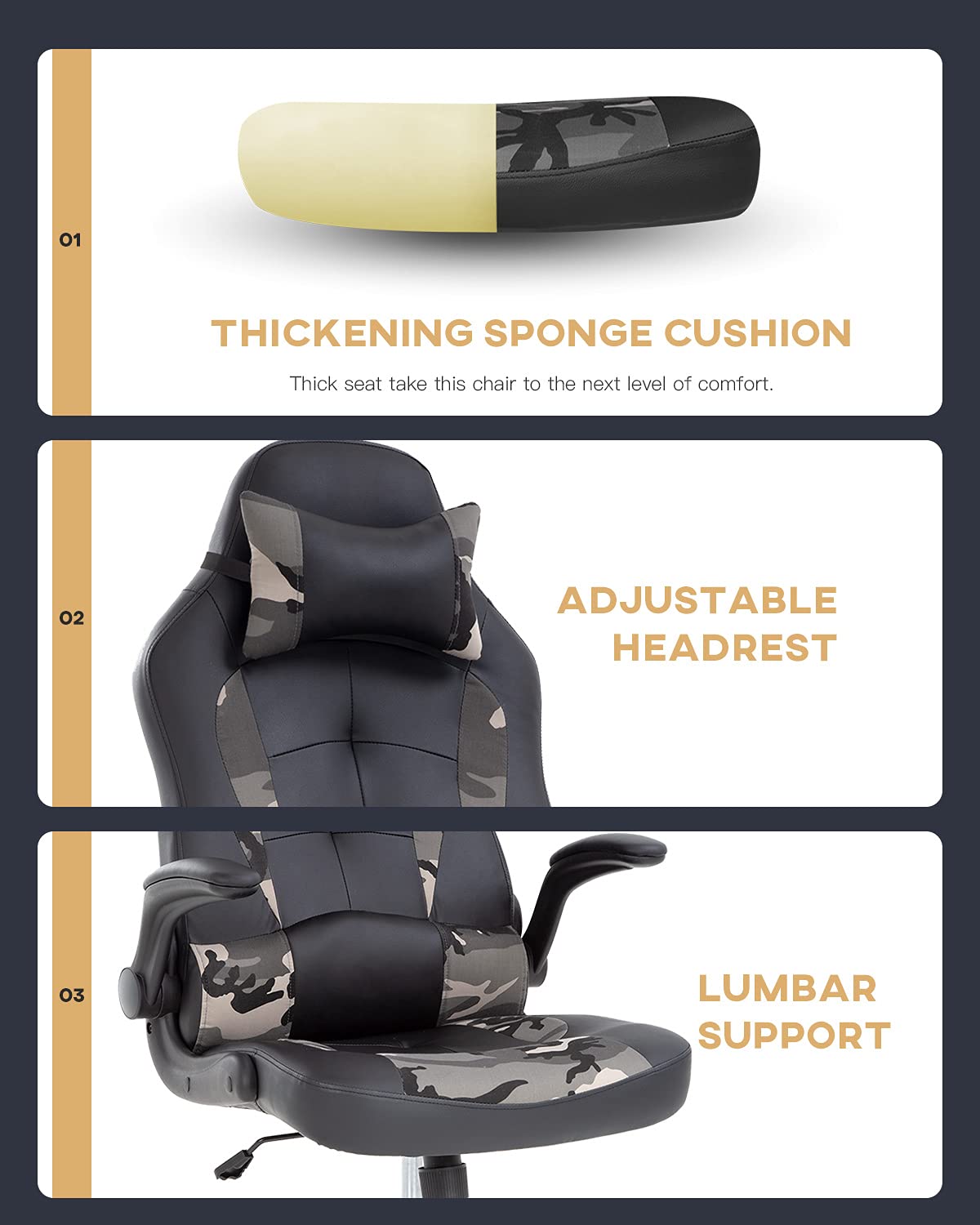 Ergonomic Gaming Chair with Headrest & Lumbar Support - High Back PU Leather PC Office Chair for Home & Work - Adjustable Armrests Racing Style Computer Desk Chair (Camo) - Perfect for Gamers, Remote Workers & Home Office Setup
