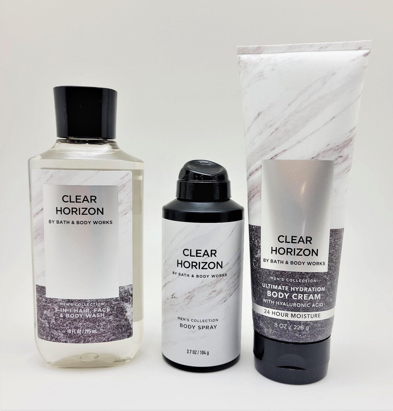 3-Pack Clear Horizon Men's Body Wash, Deodorizing Body Spray & Moisturizing Cream Set - Fresh Scent for Daily Shower, Gym & Travel Essentials
